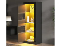 Vitrine preta com iluminação LED, prateleiras em vidro e 2 portas, 61x42x162 cm