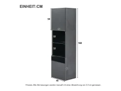Vitrine preta de alto brilho com 2 portas e 1 prateleira de vidro, LED incluído - 45x35x160cm