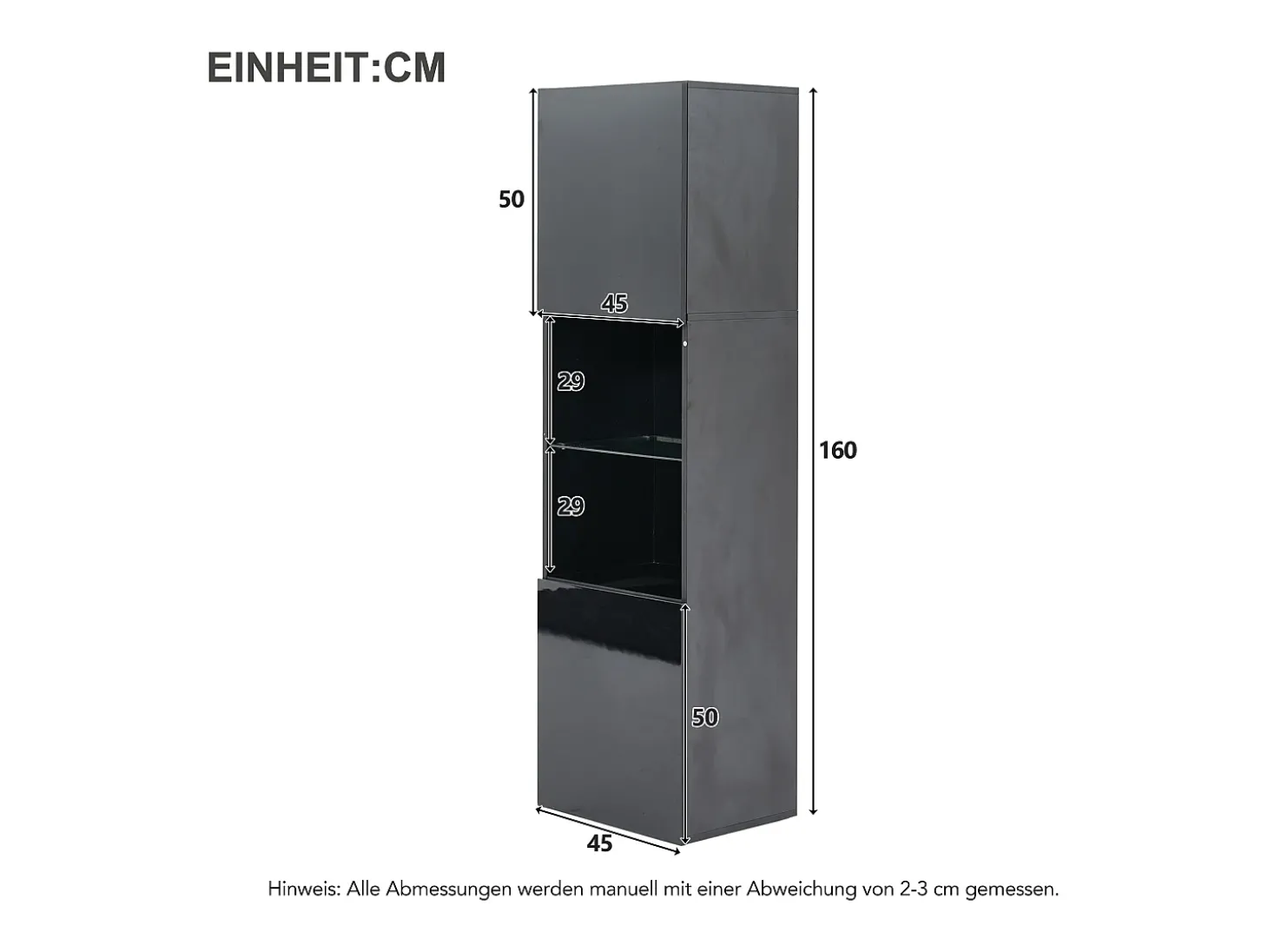 Vitrine preta de alto brilho com 2 portas e 1 prateleira de vidro, LED incluído - 45x35x160cm