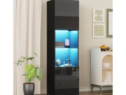 Vitrine preta de alto brilho com 2 portas e 1 prateleira de vidro, LED incluído - 45x35x160cm