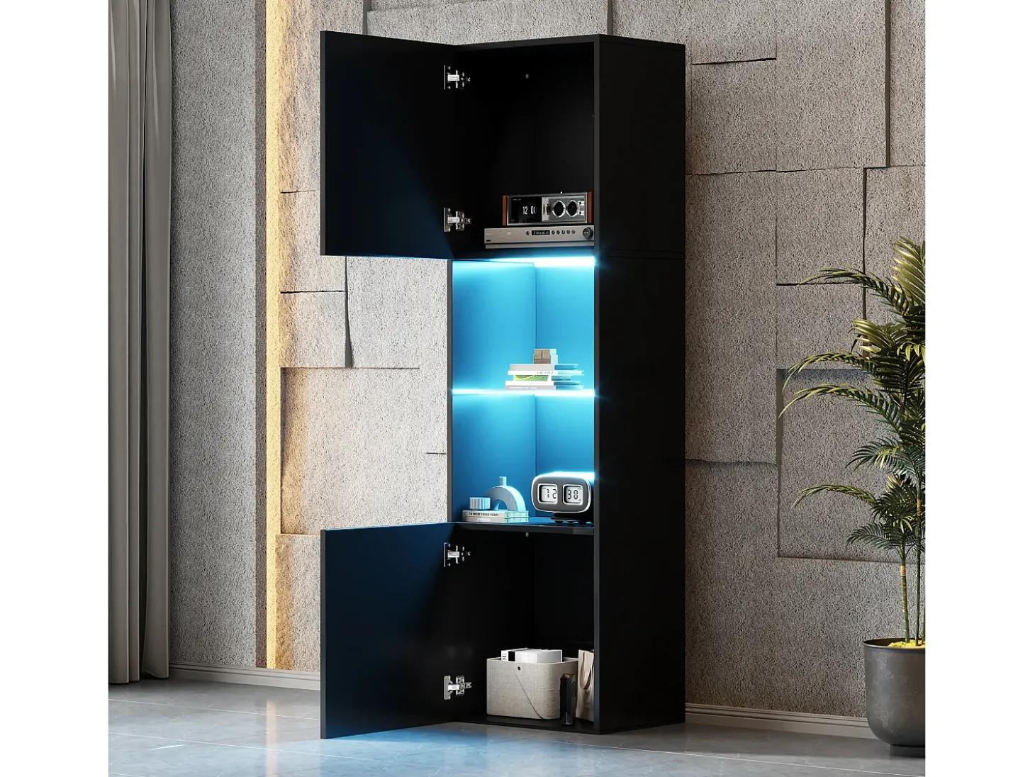 Vitrine preta de alto brilho com 2 portas e 1 prateleira de vidro, LED incluído - 45x35x160cm