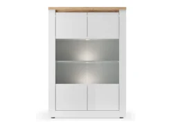 Vitrine SASHA – 2 portas envidraçadas +3 prateleiras com LED integrado – Branco laqueado e Carvalho Cadiz