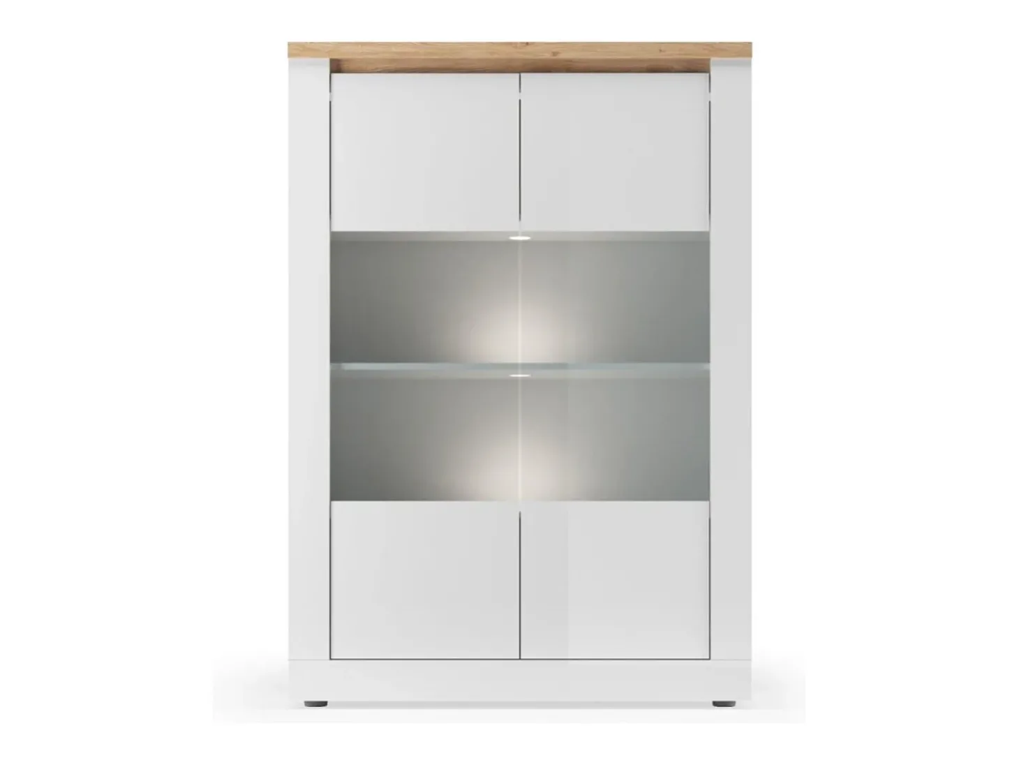 Vitrine SASHA – 2 portas envidraçadas +3 prateleiras com LED integrado – Branco laqueado e Carvalho Cadiz