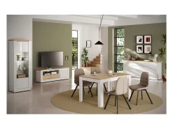 Vitrine SASHA – 2 portas envidraçadas +3 prateleiras com LED integrado – Branco laqueado e Carvalho Cadiz