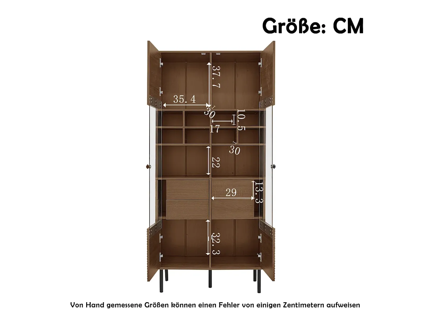 Vitrine 75x35x164.5 cm - 2 portas - Painel de vidro + prateleira multicamadas + gaveta oculta - Nogueira