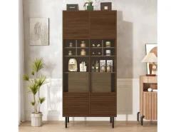 Vitrine 75x35x164.5 cm - 2 portas - Painel de vidro + prateleira multicamadas + gaveta oculta - Nogueira