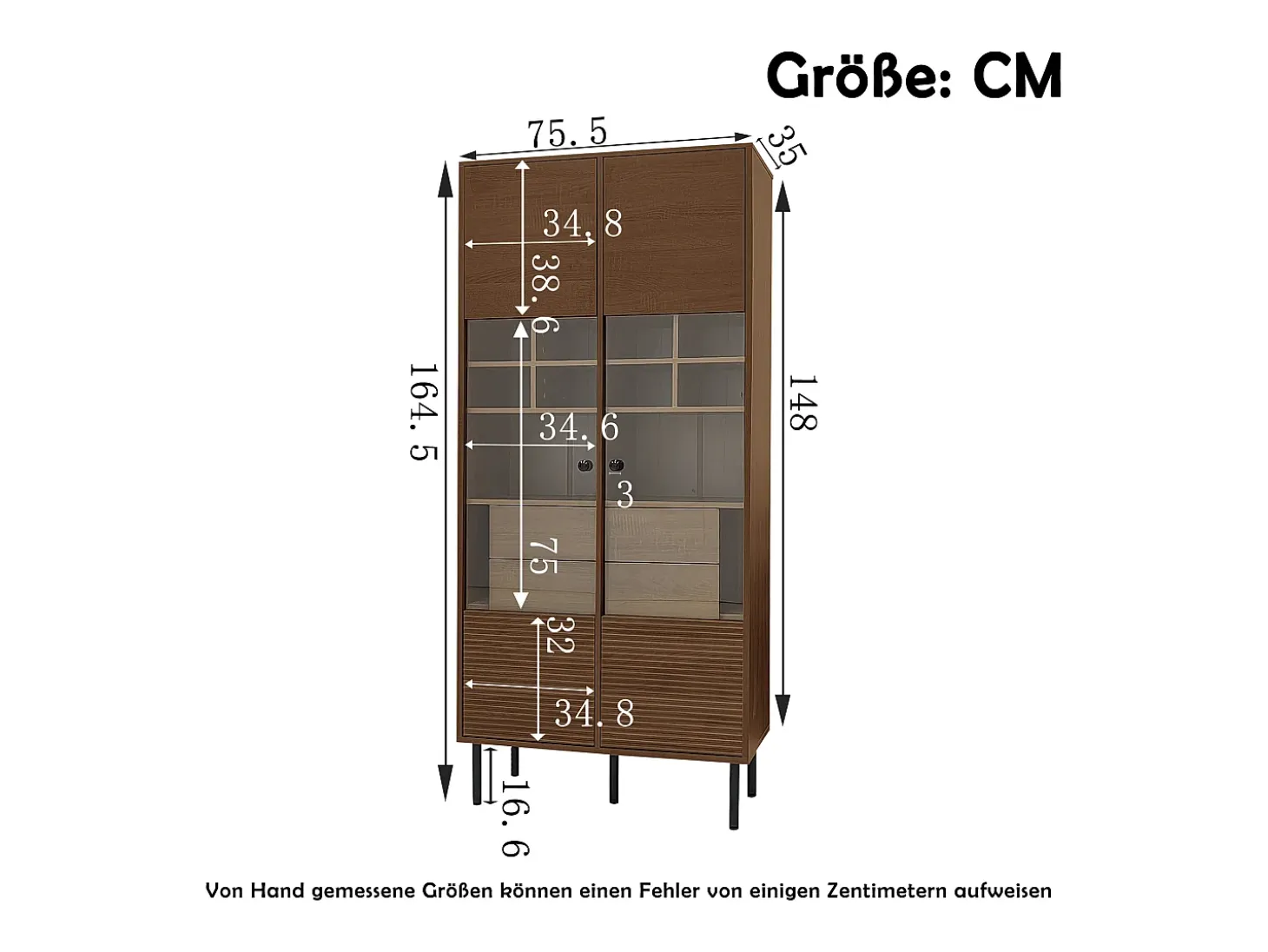 Vitrine 75x35x164.5 cm - 2 portas - Painel de vidro + prateleira multicamadas + gaveta oculta - Nogueira