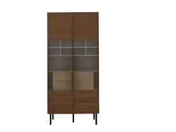 Vitrine 75x35x164.5 cm - 2 portas - Painel de vidro + prateleira multicamadas + gaveta oculta - Nogueira