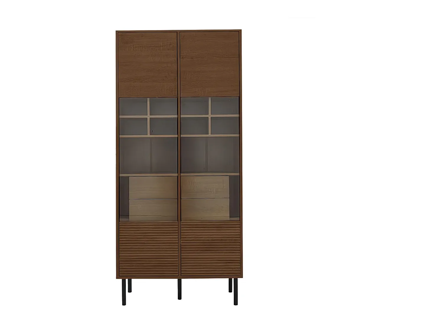 Vitrine 75x35x164.5 cm - 2 portas - Painel de vidro + prateleira multicamadas + gaveta oculta - Nogueira