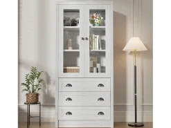 Vitrine 80x34x171 cm - com 2 portas de vidro - 3 gavetas - cinza + natural