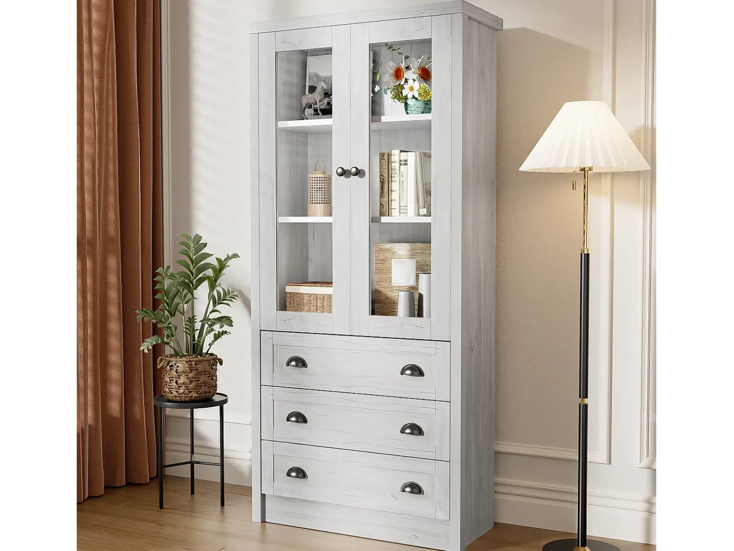 Vitrine 80x34x171 cm - com 2 portas de vidro - 3 gavetas - cinza + natural