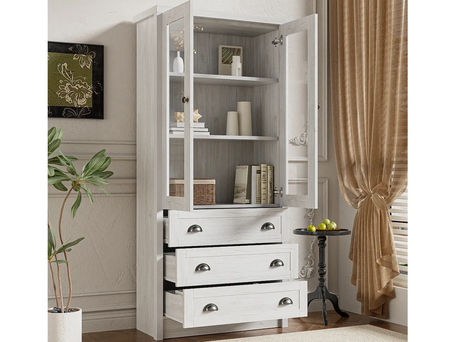 Vitrine 80x34x171 cm - com 2 portas de vidro - 3 gavetas - cinza + natural