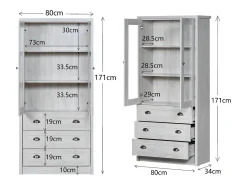Vitrine 80x34x171 cm - com 2 portas de vidro - 3 gavetas - cinza + natural