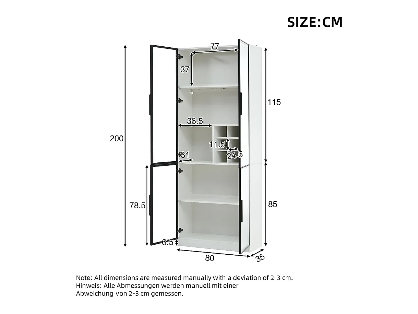 Vitrine 80x35x200 cm - com iluminação LED - com armazenamento para vinho - 2 portas de vidro - Branco