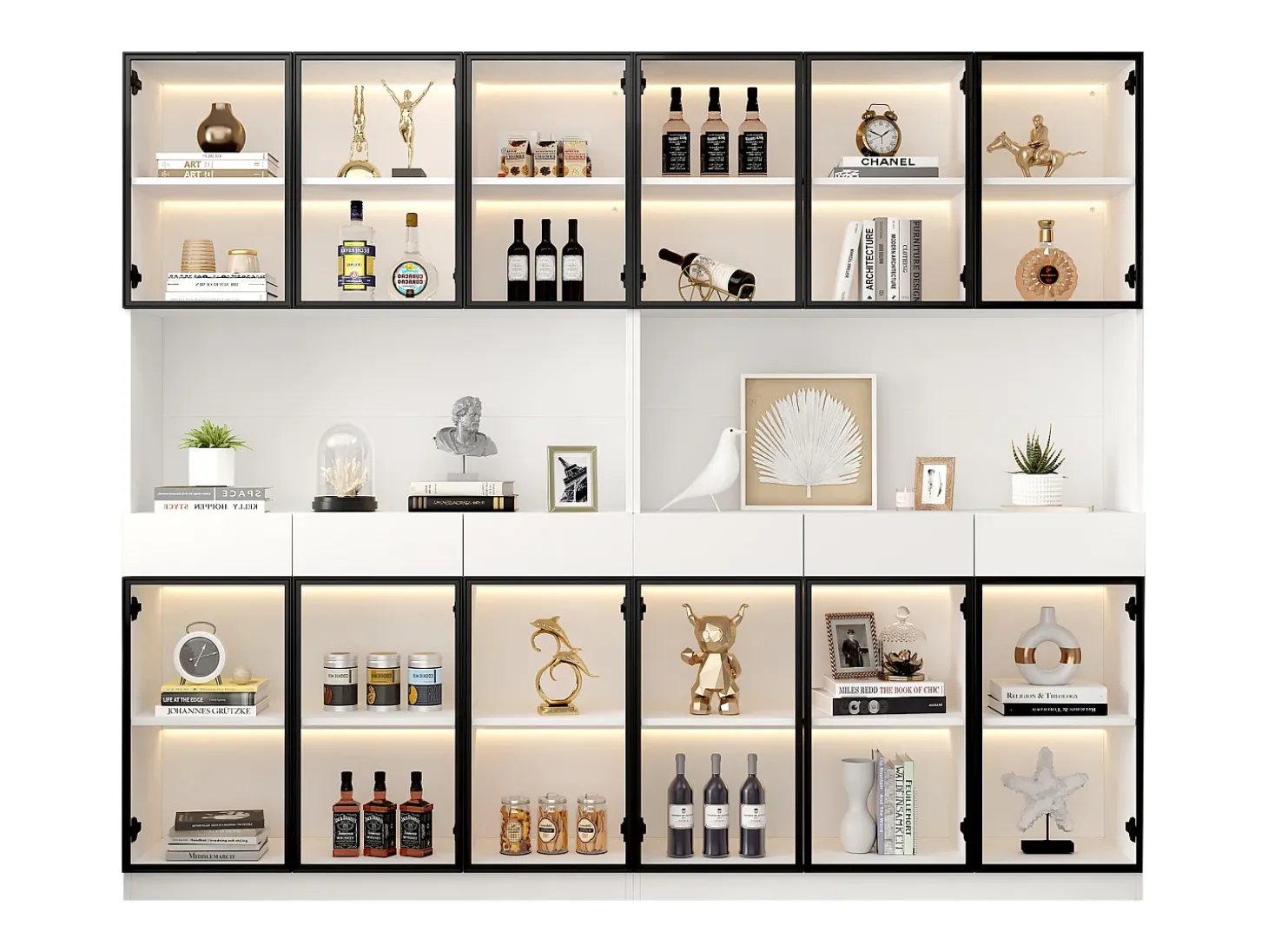 Vitrine 240x36x200 cm com LED - 12 portas de vidro e 6 gavetas - Branco