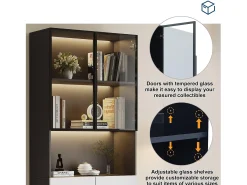 Vitrine 80x30x200 cm com LED - 4 portas (2 portas de vidro) - Branco e Preto