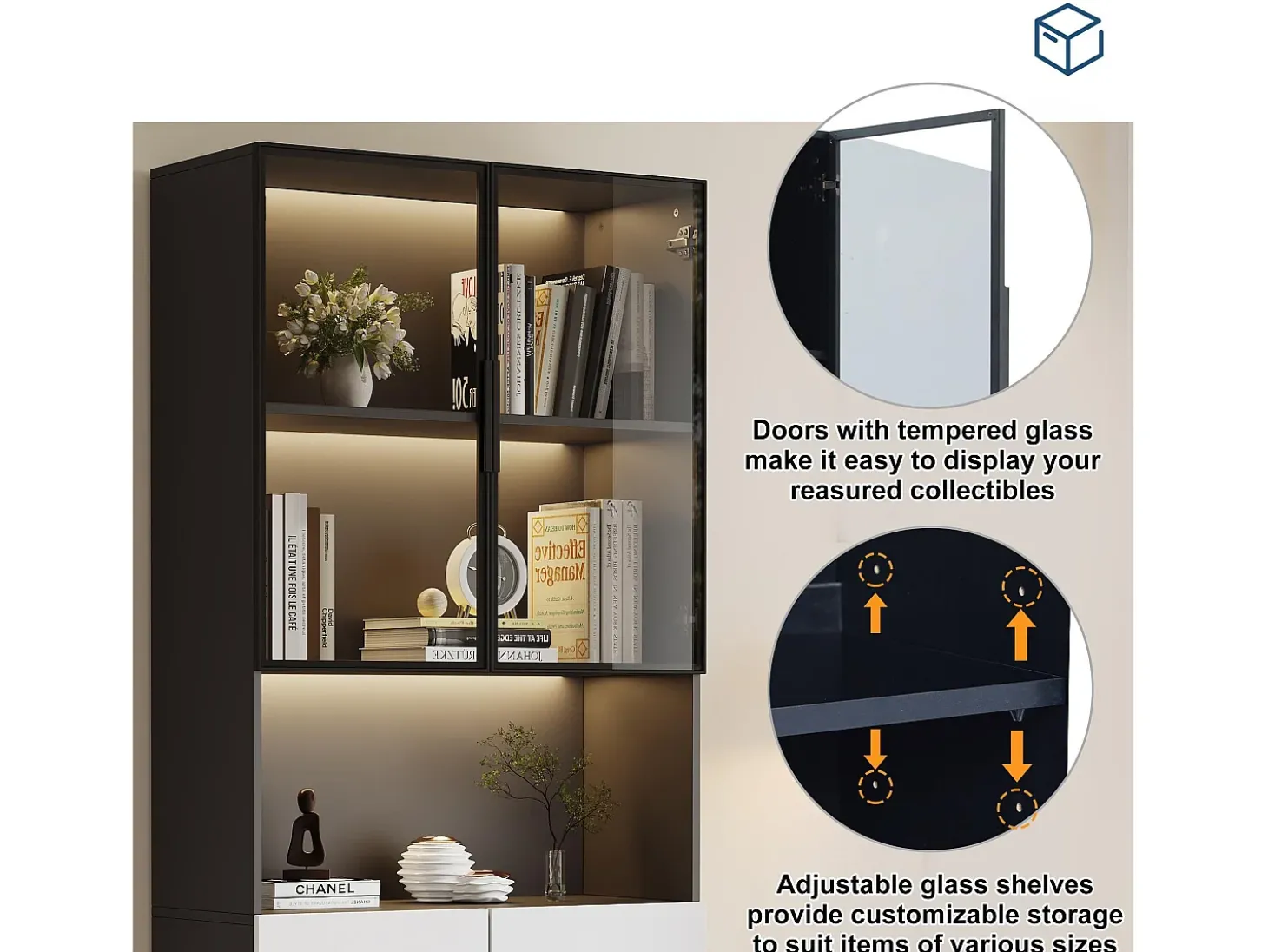 Vitrine 80x30x200 cm com LED - 4 portas (2 portas de vidro) - Branco e Preto