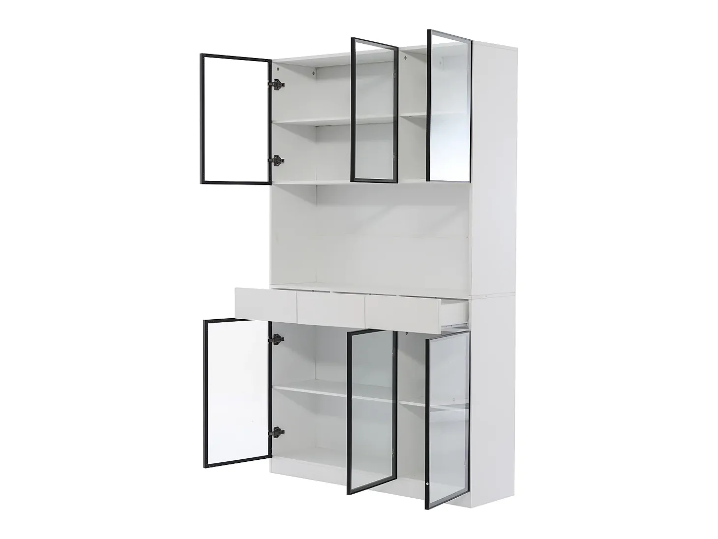 Vitrine 120x36x200 cm com LED - 6 portas de vidro e 3 gavetas - Branco