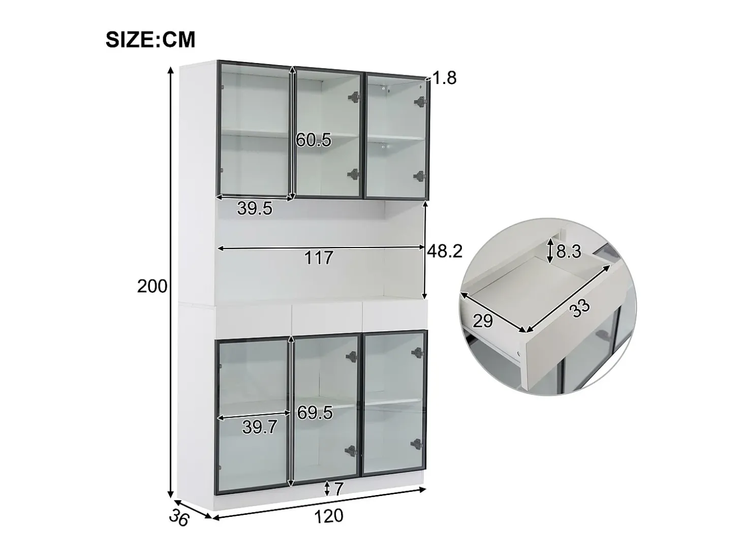 Vitrine 120x36x200 cm com LED - 6 portas de vidro e 3 gavetas - Branco
