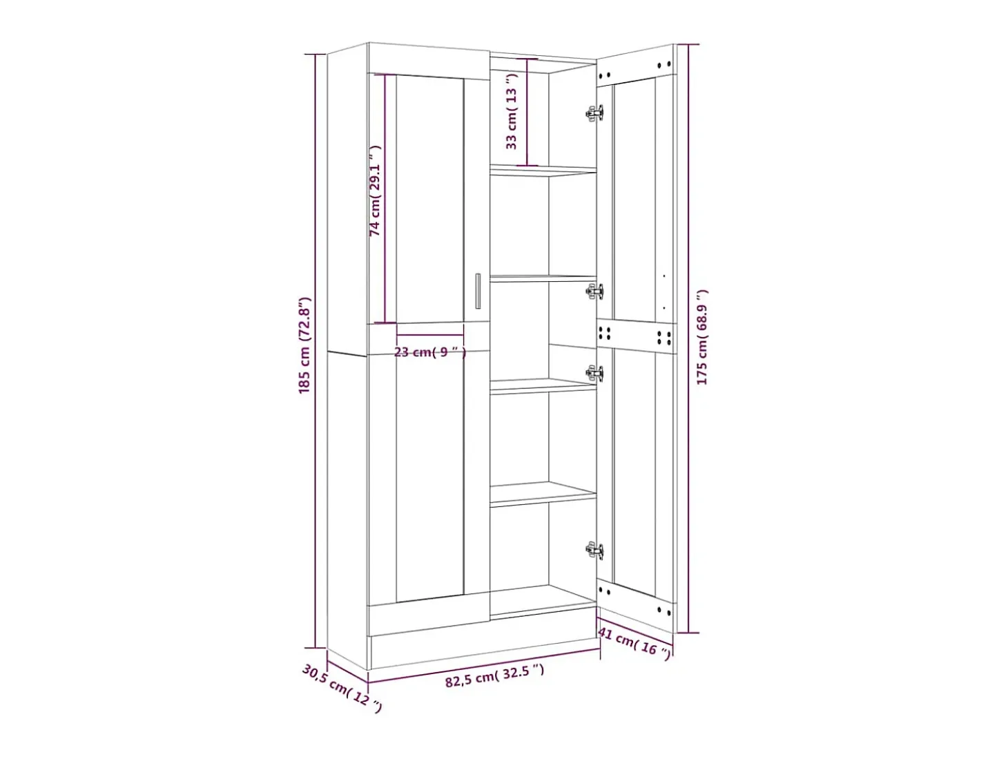 Vitrine 82,5x30,5x185 cm derivados madeira cinzento sonoma