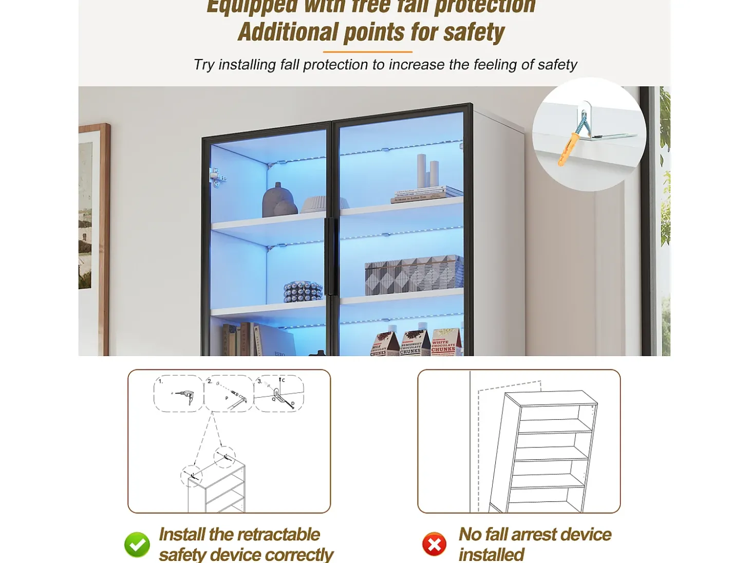 Vitrine 70x30x200cm - com 1 gaveta e 4 portas - com iluminação LED - painéis de partículas - branco