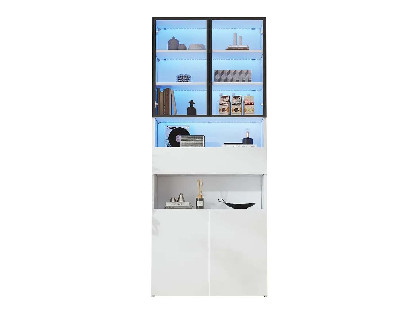Vitrine 70x30x200cm - com 1 gaveta e 4 portas - com iluminação LED - painéis de partículas - branco
