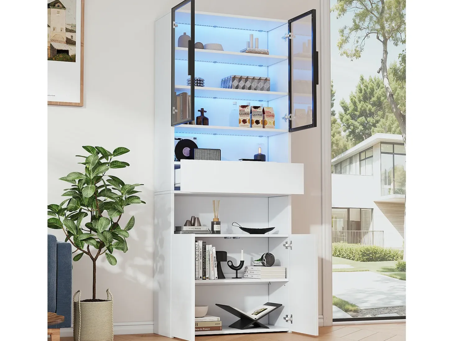 Vitrine 70x30x200cm - com 1 gaveta e 4 portas - com iluminação LED - painéis de partículas - branco