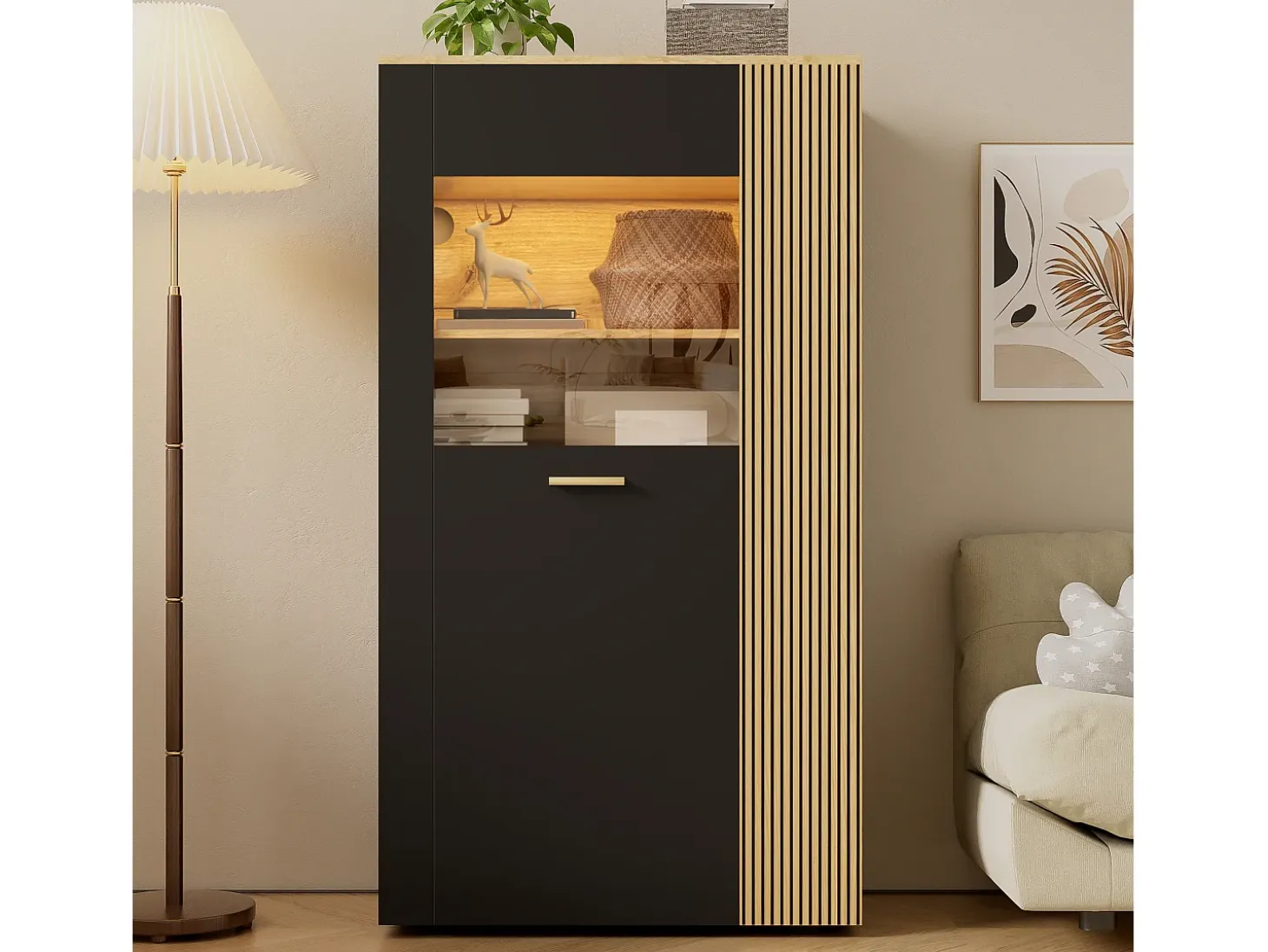 Vitrine 80x40x146cm - com iluminação LED - com 1 porta - Prateleiras ajustáveis - Painéis de partículas - Preto + natural