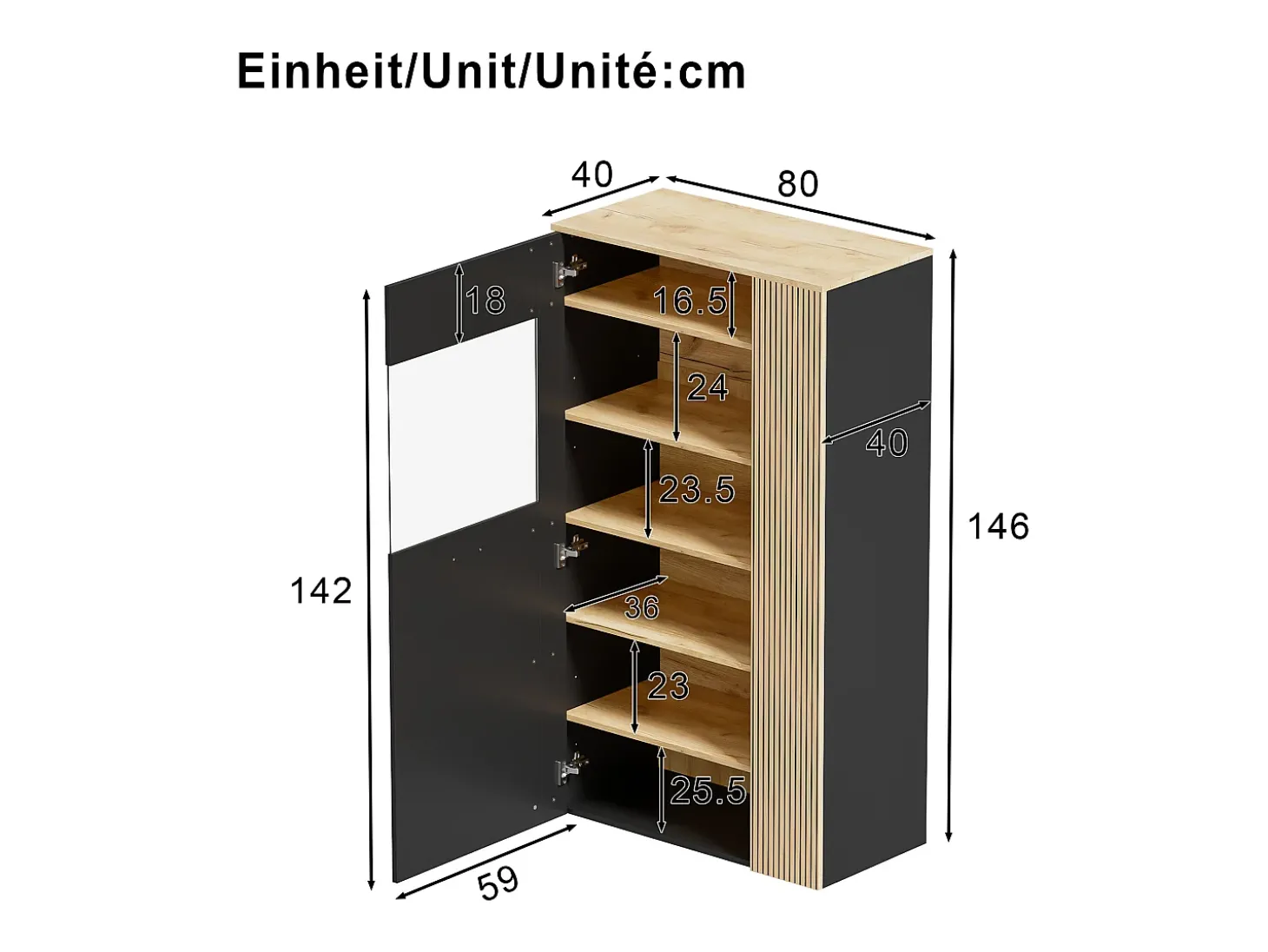 Vitrine 80x40x146cm - com iluminação LED - com 1 porta - Prateleiras ajustáveis - Painéis de partículas - Preto + natural