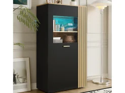 Vitrine 80x40x146cm - com iluminação LED - com 1 porta - Prateleiras ajustáveis - Painéis de partículas - Preto + natural