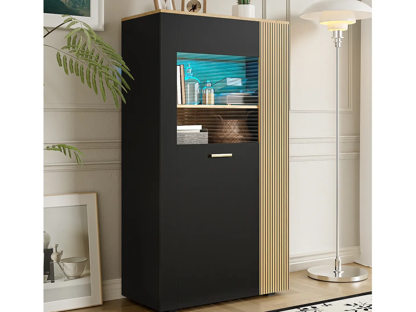 Vitrine 80x40x146cm - com iluminação LED - com 1 porta - Prateleiras ajustáveis - Painéis de partículas - Preto + natural