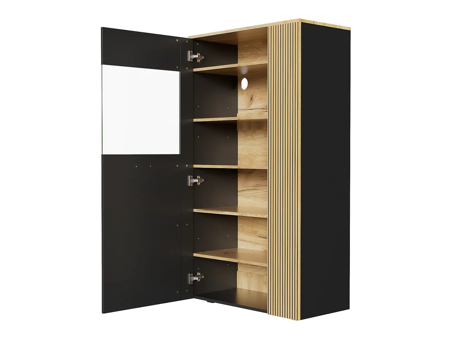 Vitrine 80x40x146cm - com iluminação LED - com 1 porta - Prateleiras ajustáveis - Painéis de partículas - Preto + natural