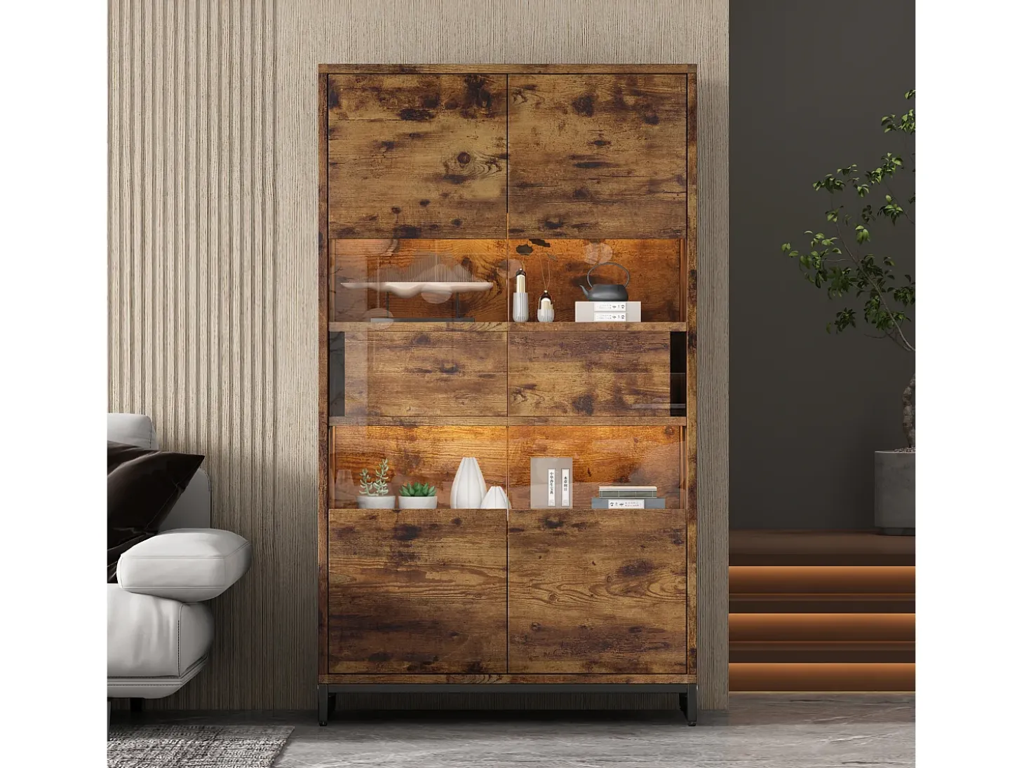 Vitrine 80x40x138cm com 2 portas e 2 gavetas em acrílico, LED incluso, corpo nas cores marrom e preto