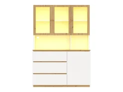 Vitrine/armário alto con iluminação LED - 200 cm de altura - 4 portas e 3 gavetas - Branco e natural
