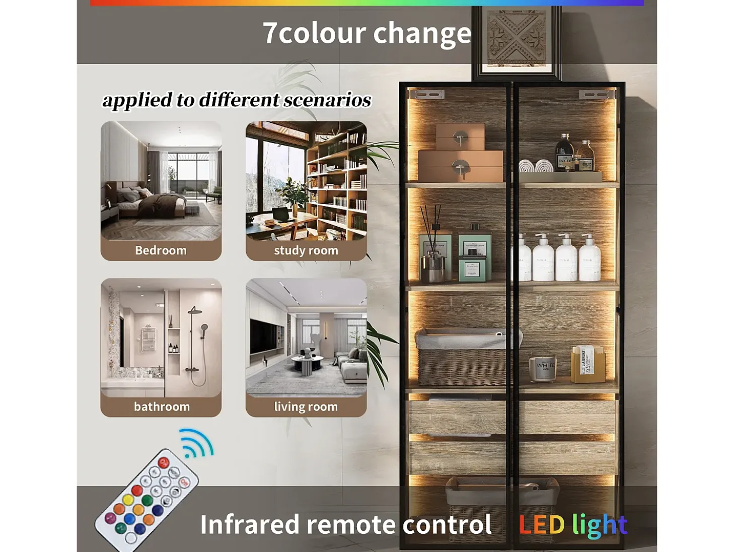 Vitrine、Móveis de casa de banho com LED - 2 gavetas grandes e 2 portas de vidro - Natural
