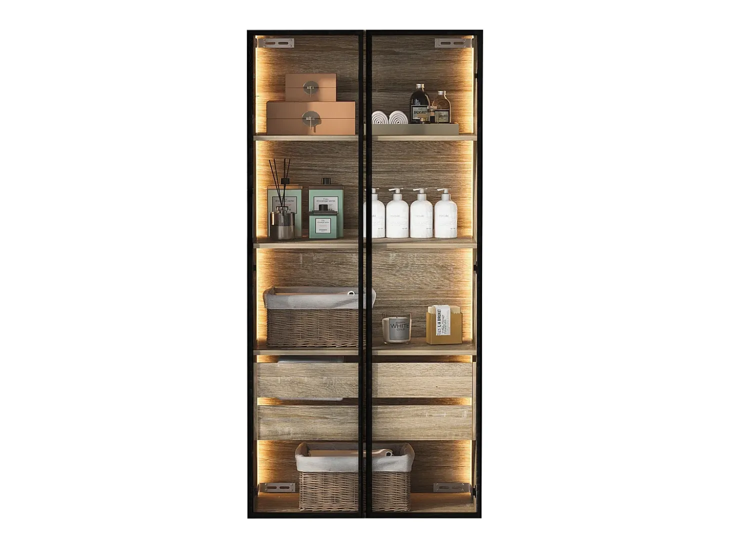 Vitrine、Móveis de casa de banho com LED - 2 gavetas grandes e 2 portas de vidro - Natural