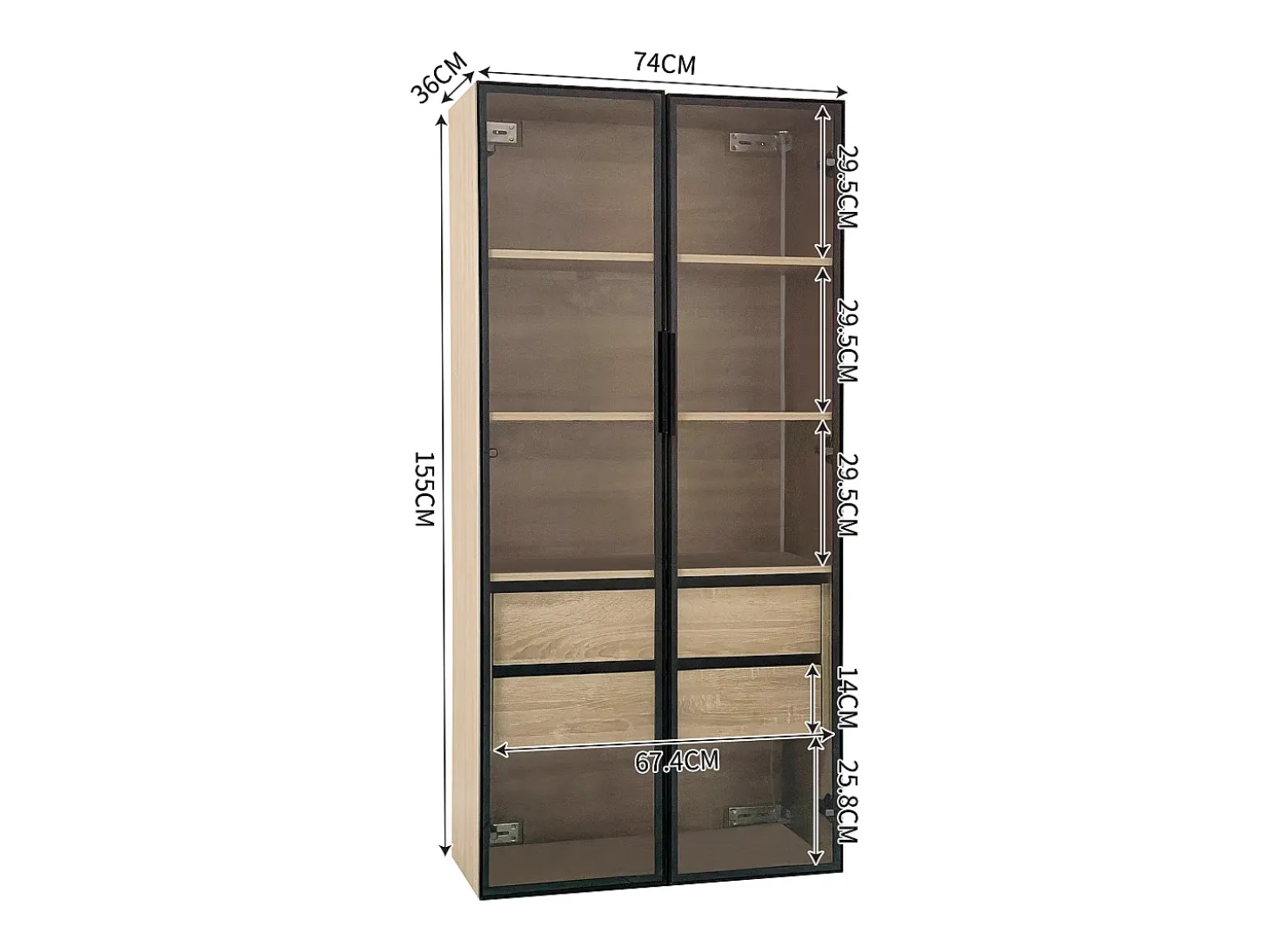 Vitrine、Móveis de casa de banho com LED - 2 gavetas grandes e 2 portas de vidro - Natural