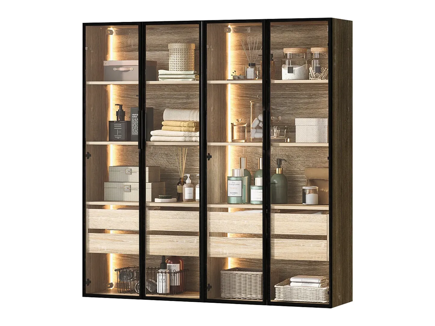 Vitrines、Móveis de casa de banho com LED - 2 gavetas grandes e 2 portas de vidro - Natural