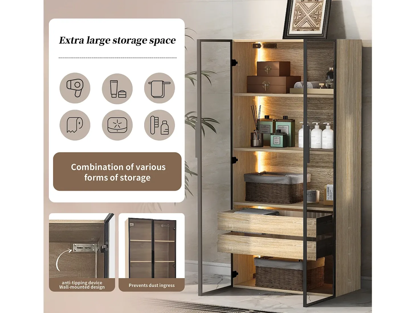 Vitrines、Móveis de casa de banho com LED - 2 gavetas grandes e 2 portas de vidro - Natural