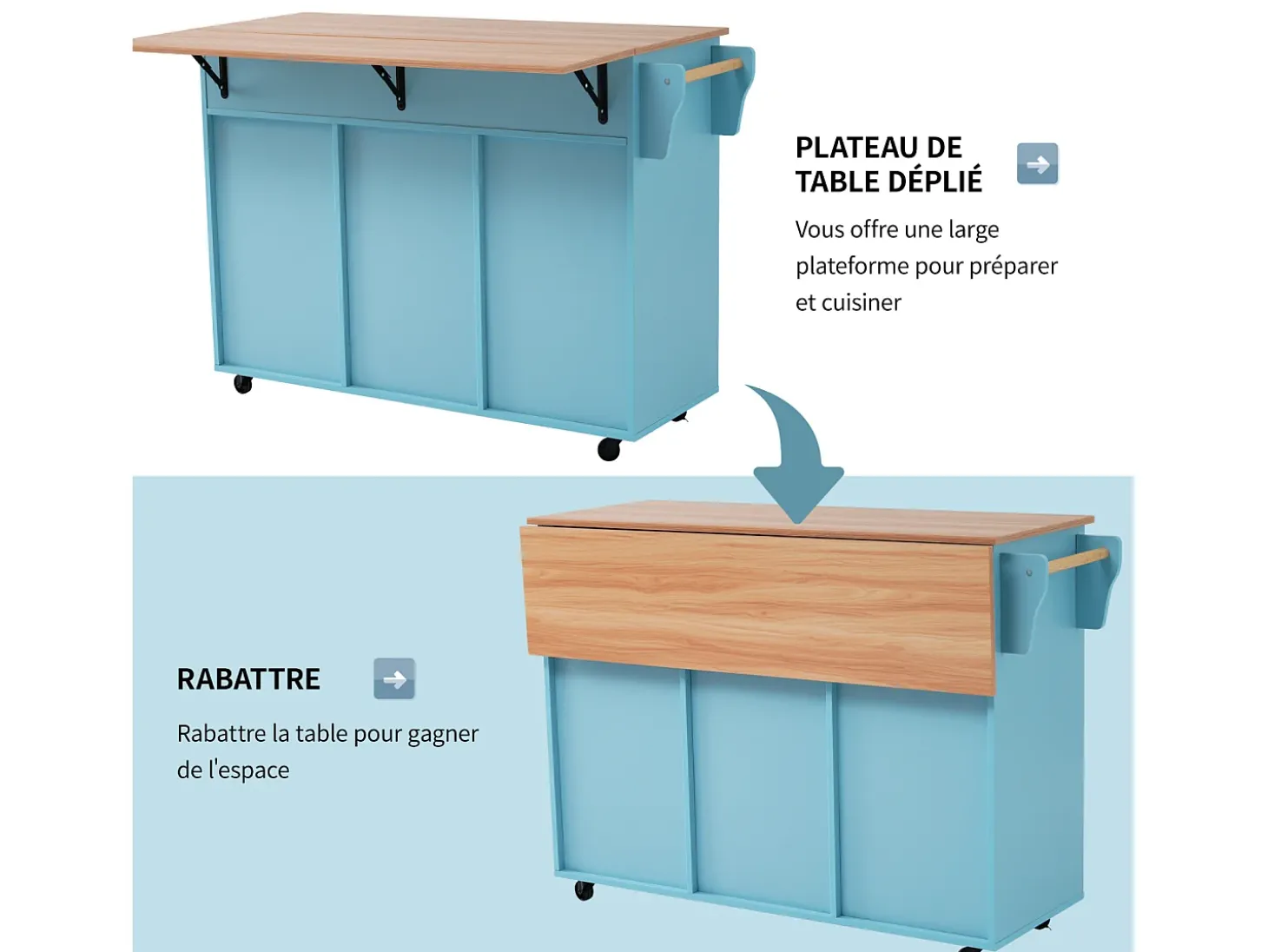 129x46x91,5cm Carrinho de cozinha, carrinho de sala de jantar, bancada dobrável, armário de arrumação, azul